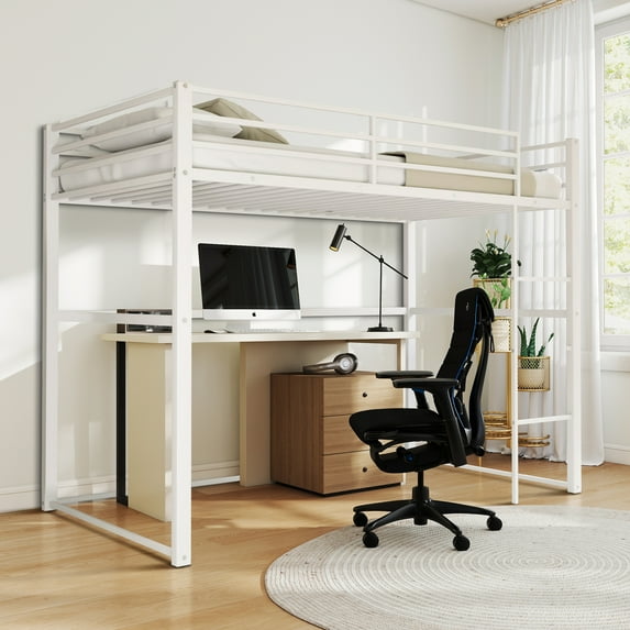 Aukfa Twin Size Metal Loft Bed, Space-Saving Bed with Safety Guard Rails Kids Teens, White
