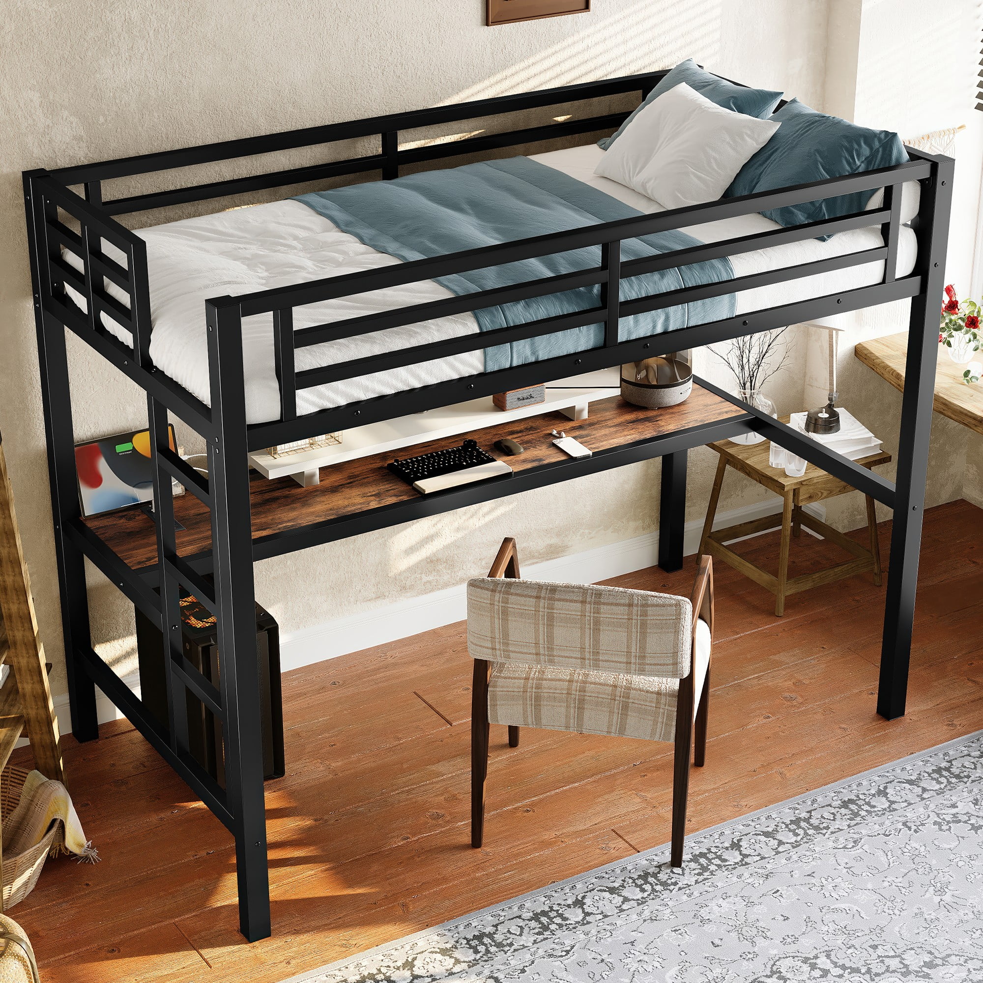 Aukfa Twin Size Metal Loft Bed with Desk, Charging Station and LED Lights for Kids, Space-Saving, Heavy Duty, Black