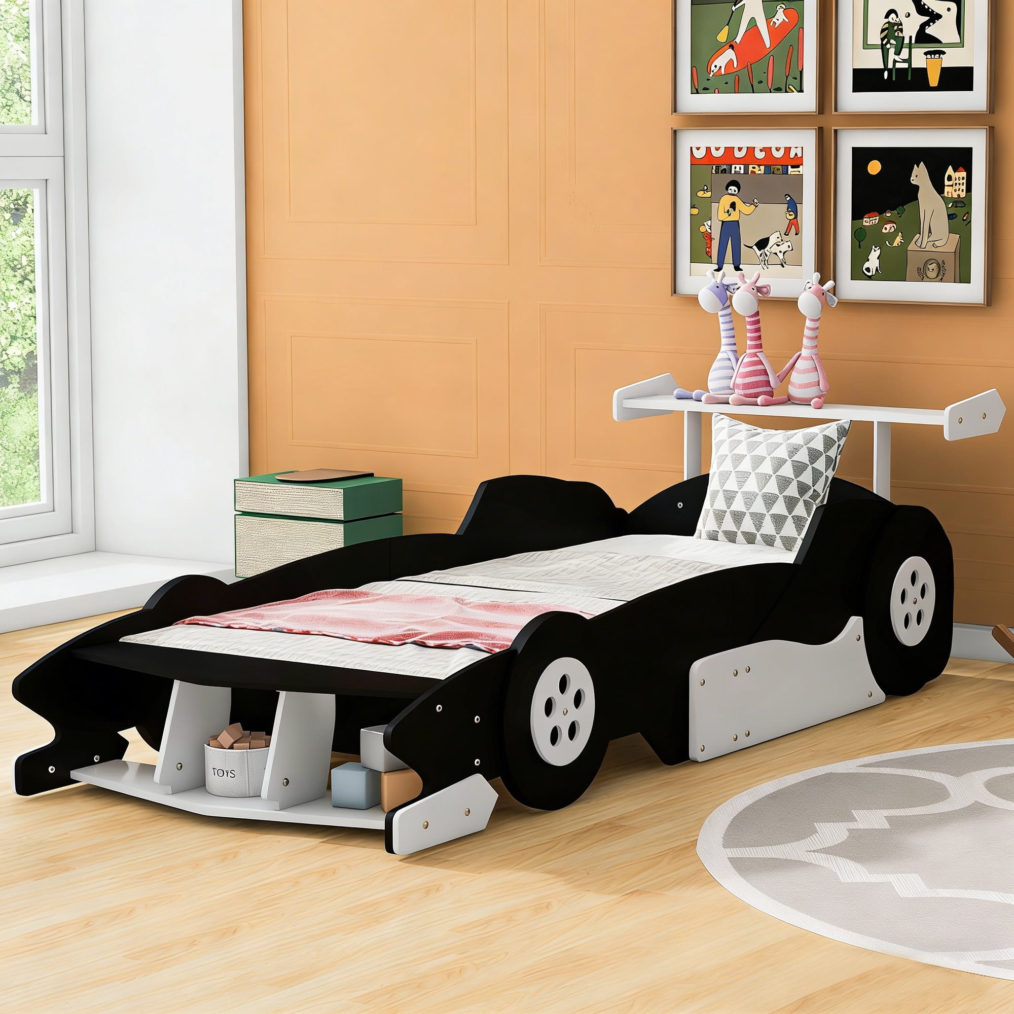 Aukfa Twin Size Race Car Bed for Kids/Toddlers, Wooden Car-Shaped Platform Bed with Wheels and Safety Guardrails, Black