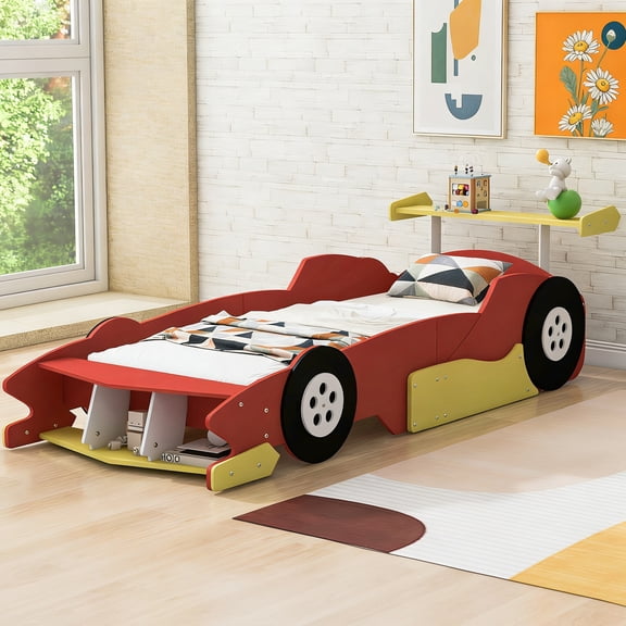 Aukfa Twin Size Race Car Bed for Kids/Toddlers, Wooden Car-Shaped Platform Bed with Wheels and Safety Guardrails, Red