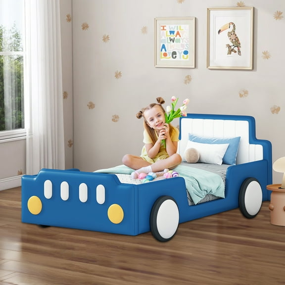 Aukfa Twin Size Race Car Platform Bed with Wheels, Kids Car Bed Frame with PU Leather Headboard and Footboard for Boys/Girls, Blue