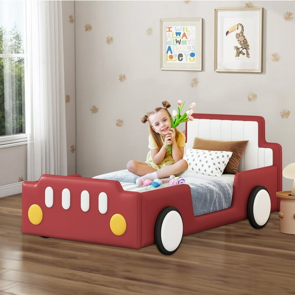 Aukfa Twin Size Race Car Platform Bed with Wheels, Kids Car Bed Frame with PU Leather Headboard and Footboard for Boys/Girls, Red