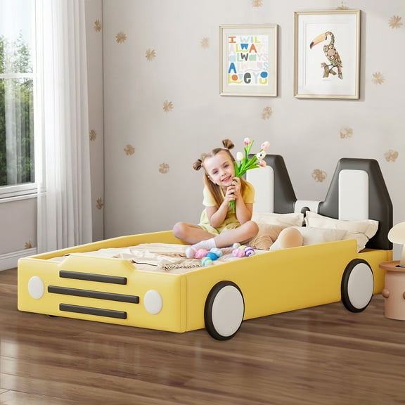Aukfa Twin Size Race Car Platform Bed with Wheels, Kids Car Bed Frame with PU Leather Headboard and Footboard for Boys/Girls, Yellow