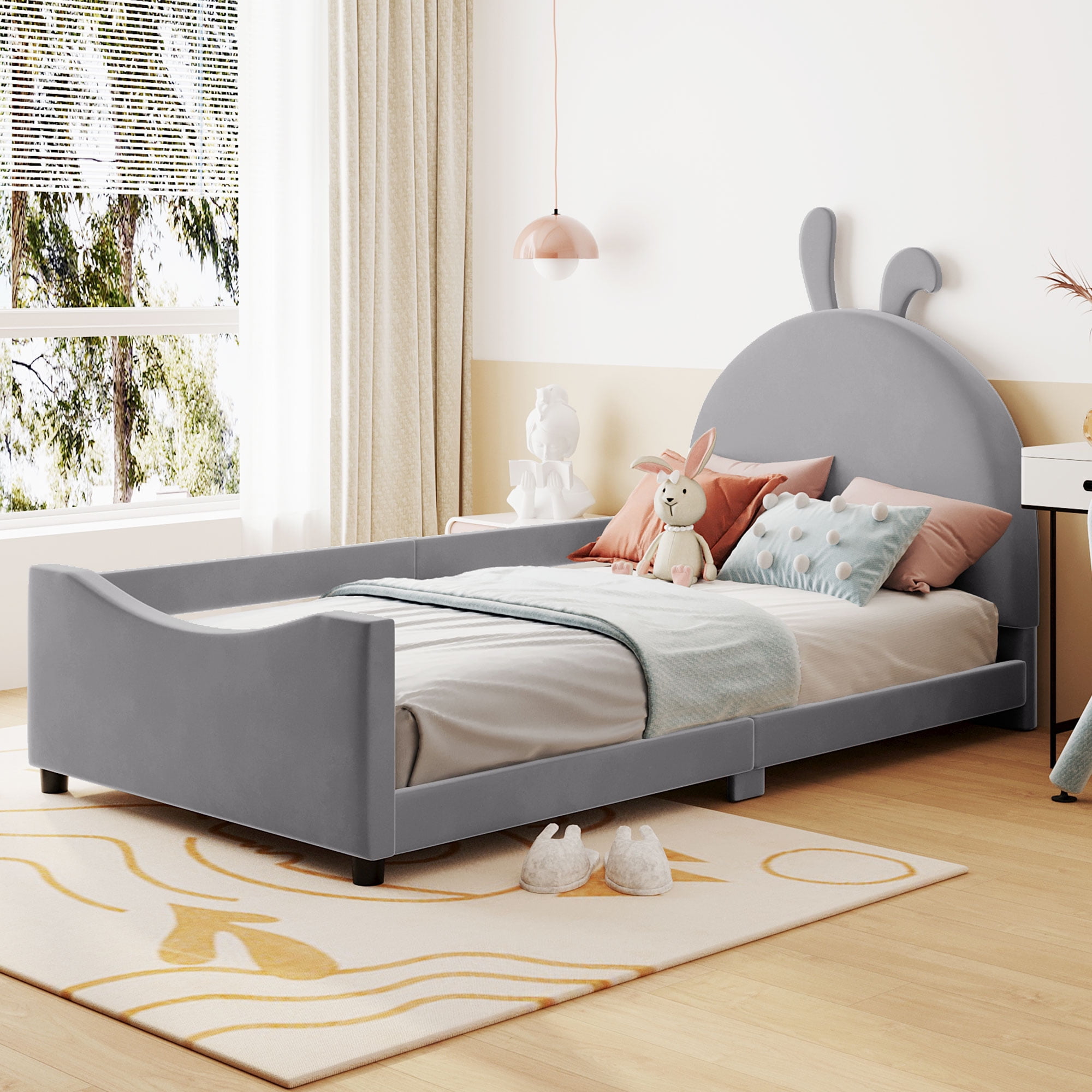 Aukfa Twin Size Upholstered Bed with Rabbit Ear Headboard, Daybed Frame for Kids Bedroom, Gray
