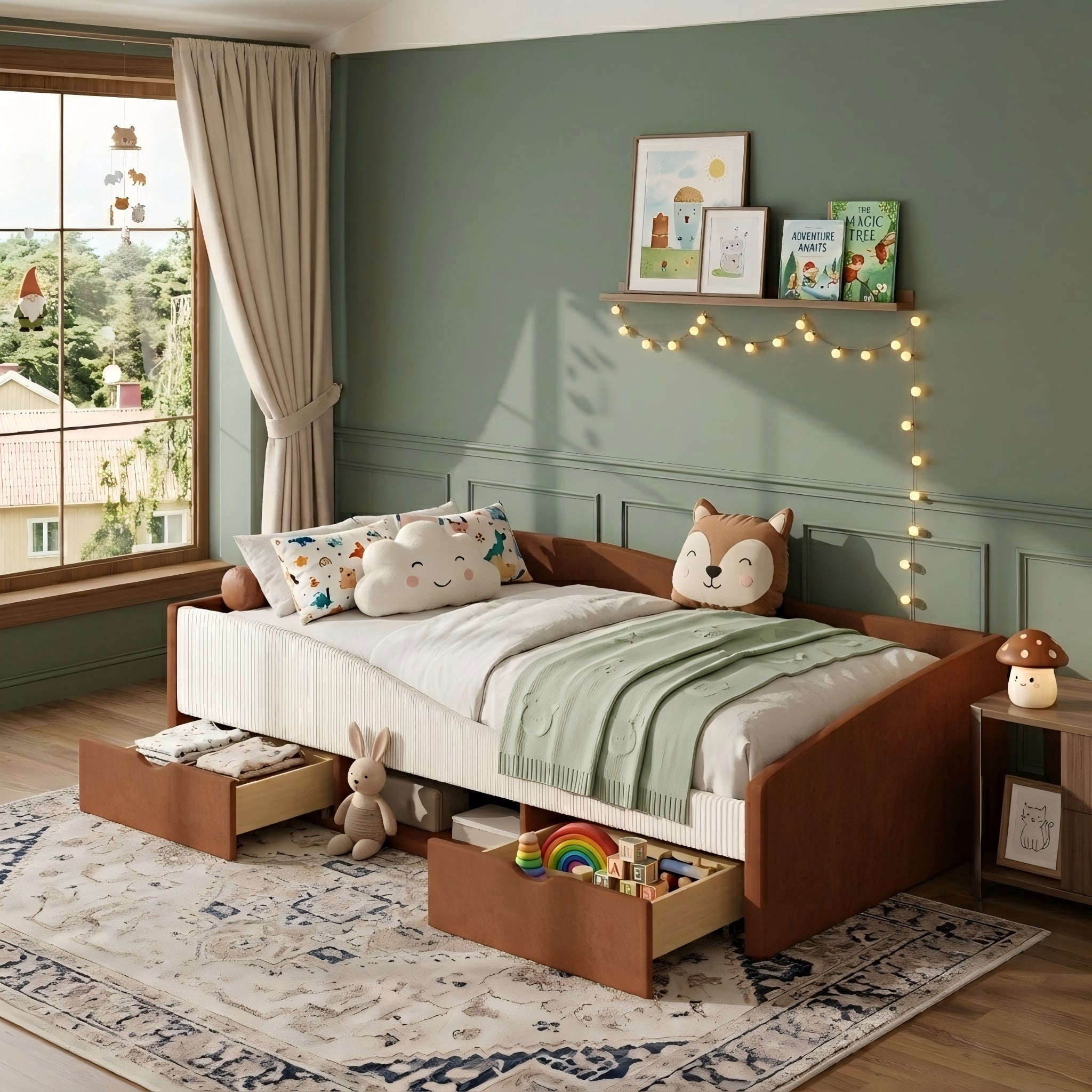 Aukfa Twin Size Upholstered Daybed with 2 Storage Drawers, Shelf and Curved Guardrails, Velvet Bed Frame, Brown
