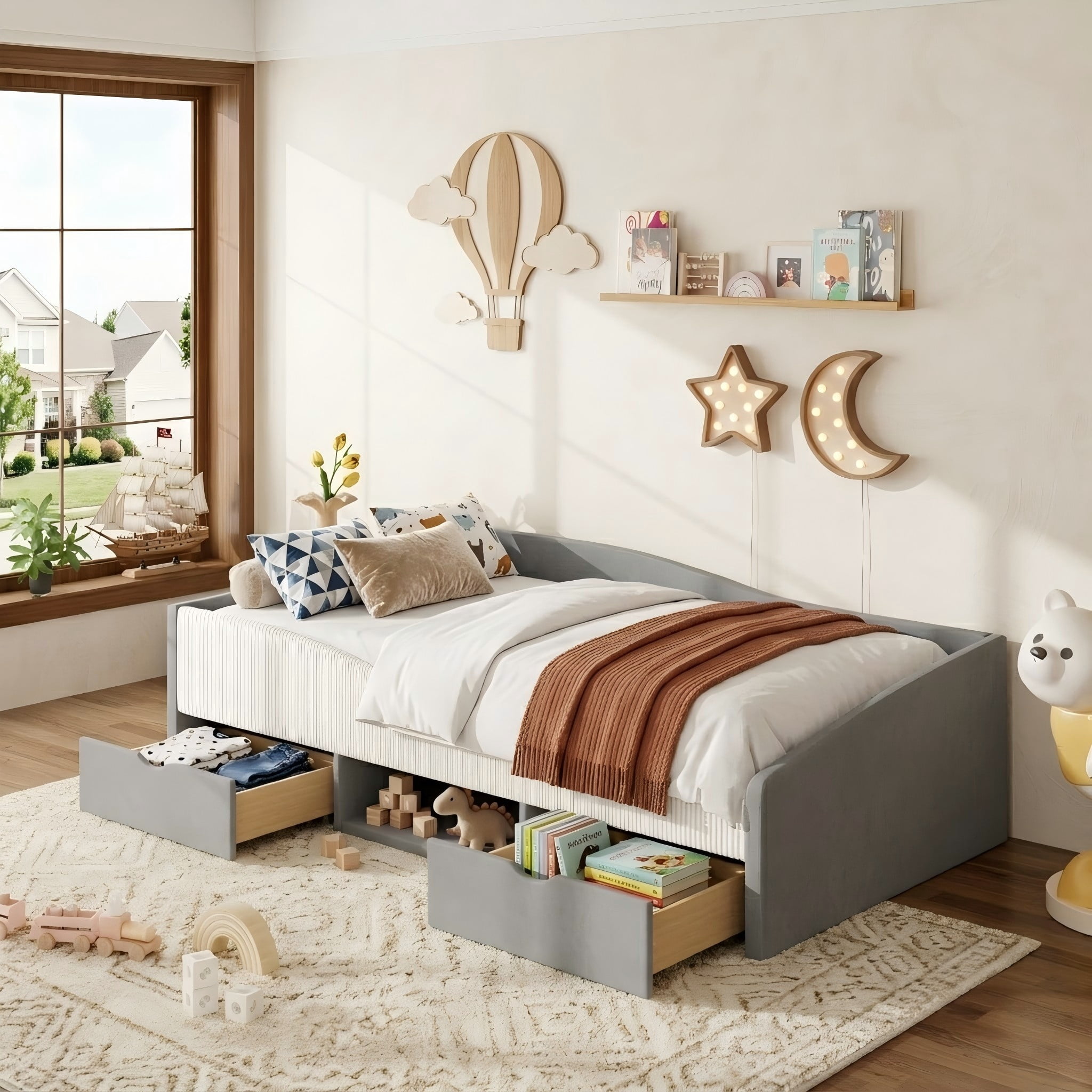 Aukfa Twin Size Upholstered Daybed with 2 Storage Drawers, Shelf and Curved Guardrails, Velvet Bed Frame, Gray