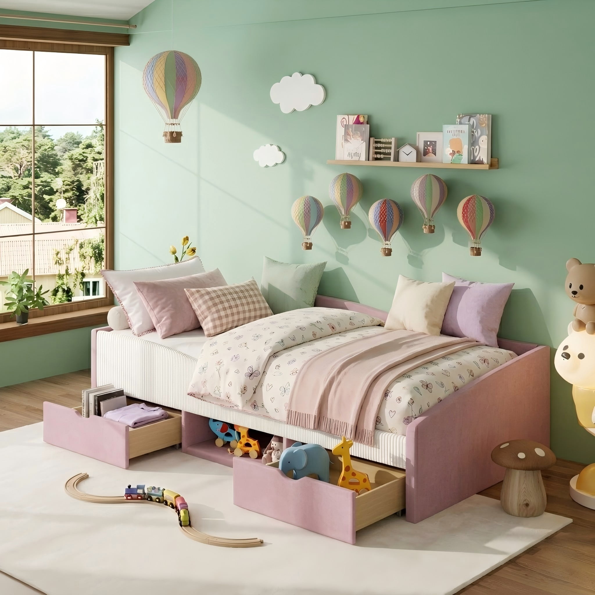 Aukfa Twin Size Upholstered Daybed with 2 Storage Drawers, Shelf and Curved Guardrails, Velvet Bed Frame, Pink