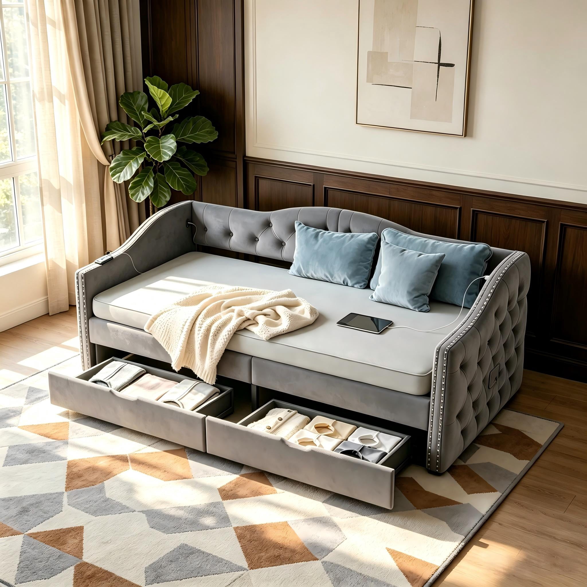 Aukfa Twin Size Upholstered Daybed with 2 Storage Drawers and Charging Station, Velvet Bed Frame with Button-Tufted & Nailhead Trim, Gray