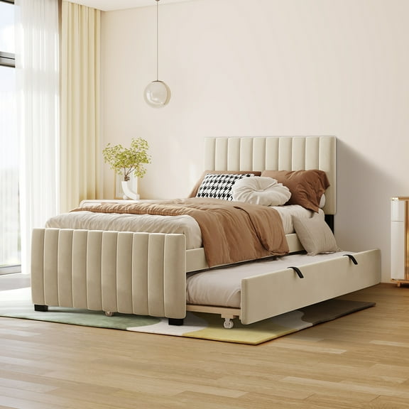 Aukfa Twin Size Upholstered Platform Bed Frame with Twin Size Trundle for Bedroom,Guestroom, Beige