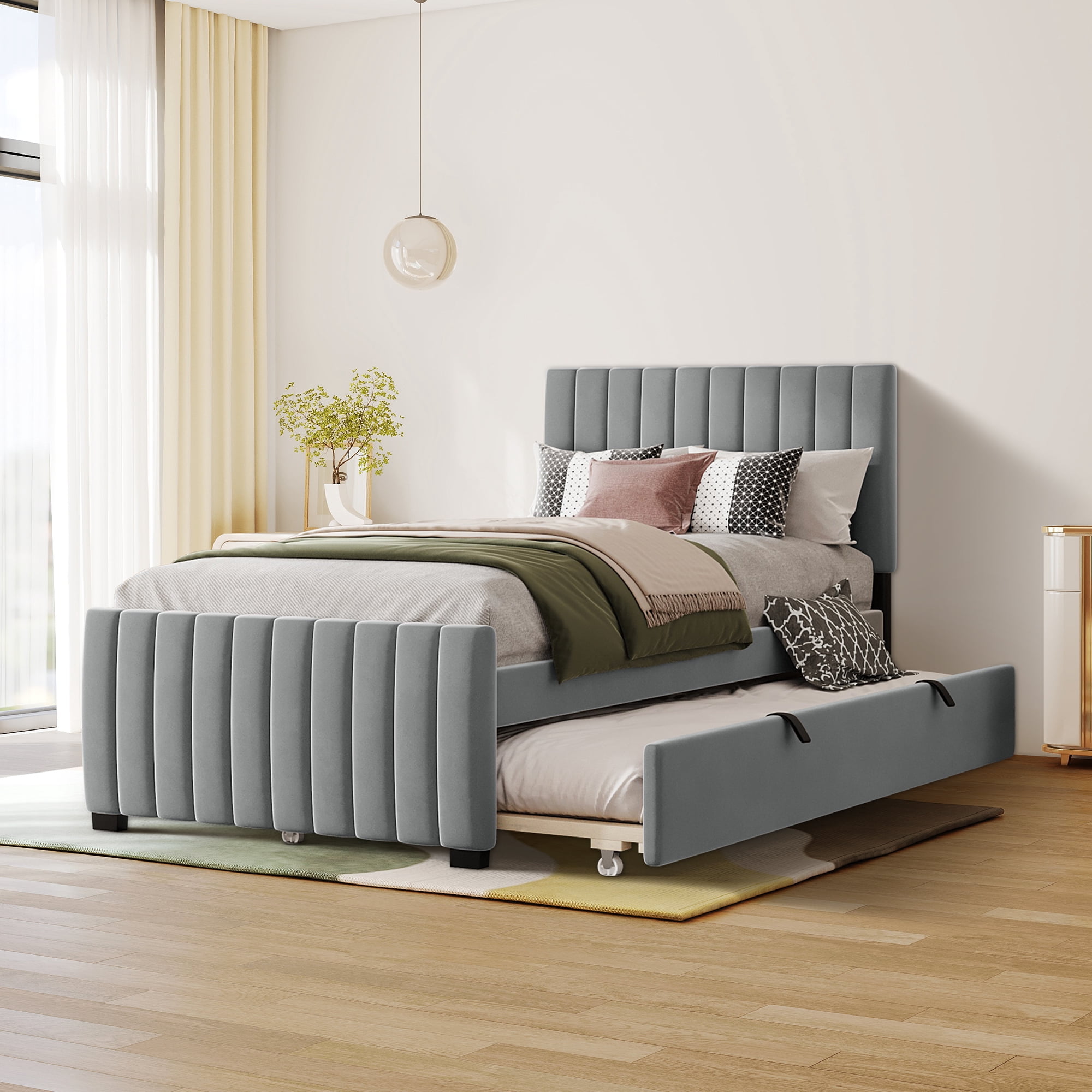 Aukfa Twin Size Upholstered Platform Bed Frame with Twin Size Trundle for Bedroom,Guestroom, Gray