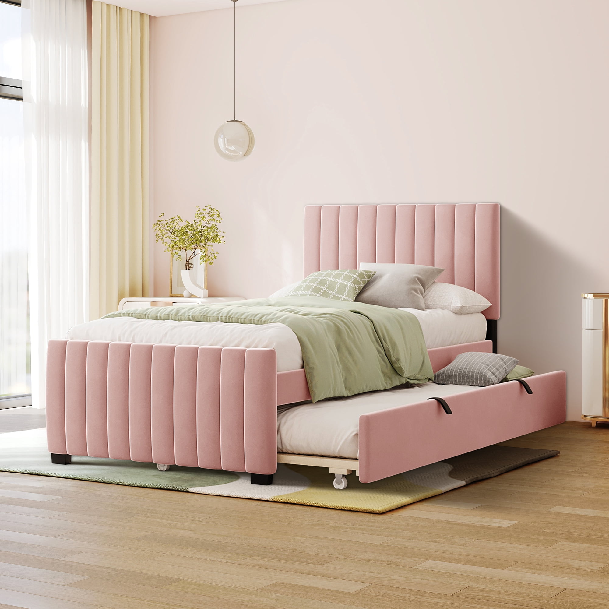 Aukfa Twin Size Upholstered Platform Bed Frame with Twin Size Trundle for Bedroom,Guestroom, Pink