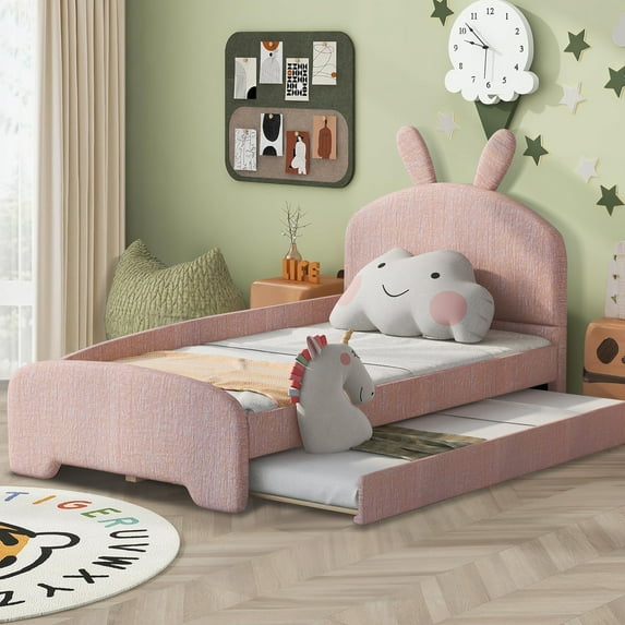 Aukfa Twin Size Upholstered Platform Bed with Trundle and Bunny Ears Headboard for Kids Girls, Pink
