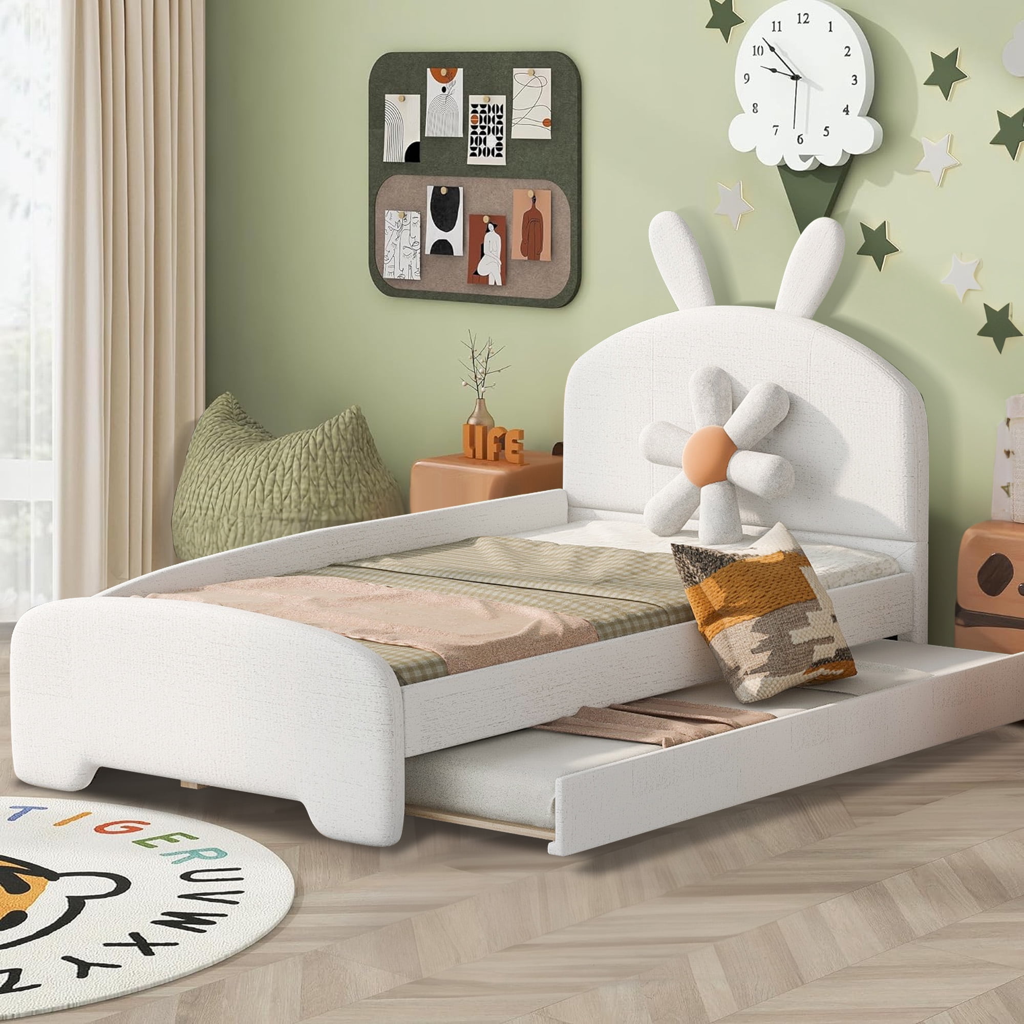 Aukfa Twin Size Upholstered Platform Bed with Trundle and Bunny Ears Headboard for Kids Girls, White