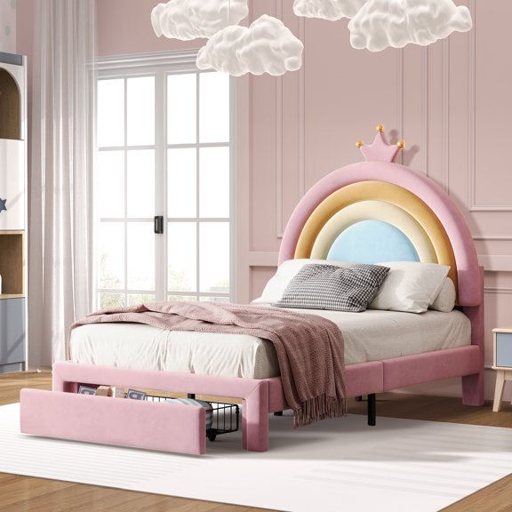 Aukfa Twin Size Upholstered Rainbow Bed, Velvet Princess Platform Bed with Storage Drawer, Rainbow