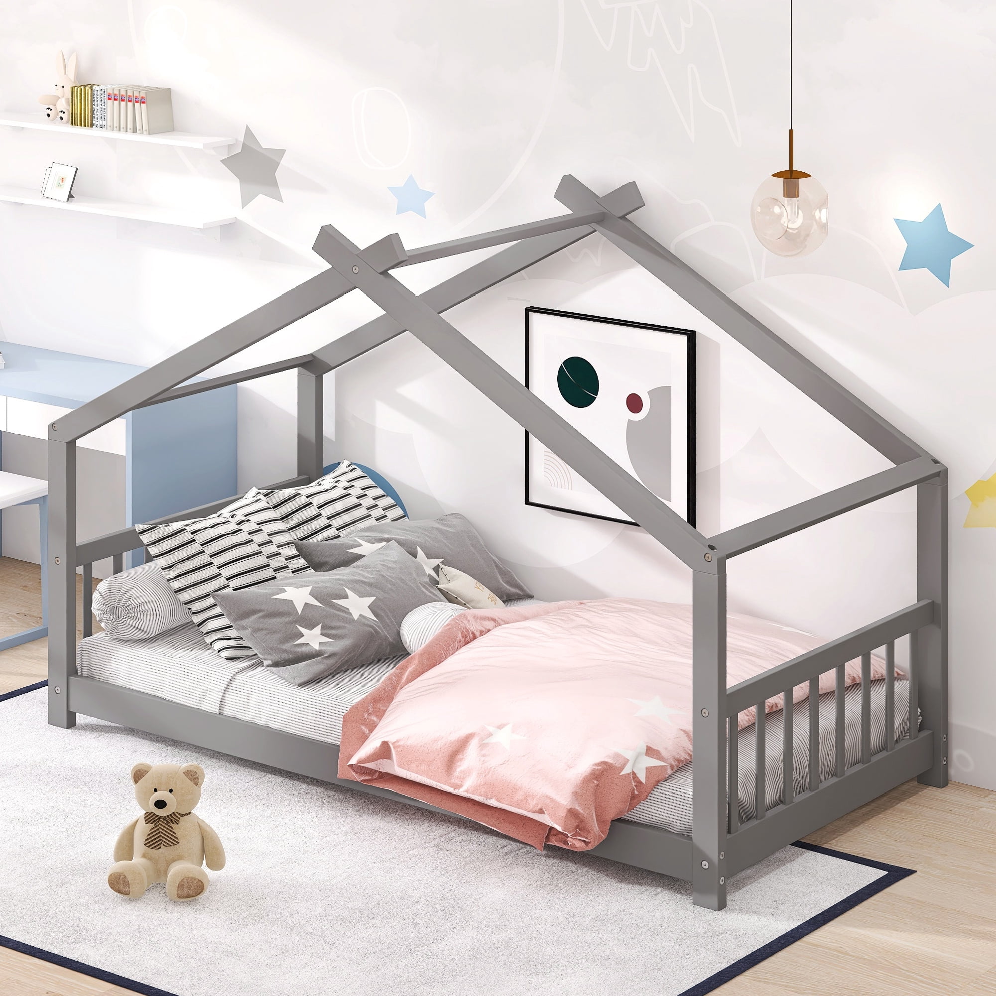 AUKFA House Twin Wood Canopy Beds for Kids Teens - Toddler Floor Bed Twin Platform Bed - Kids Bedroom Furniture - Gray