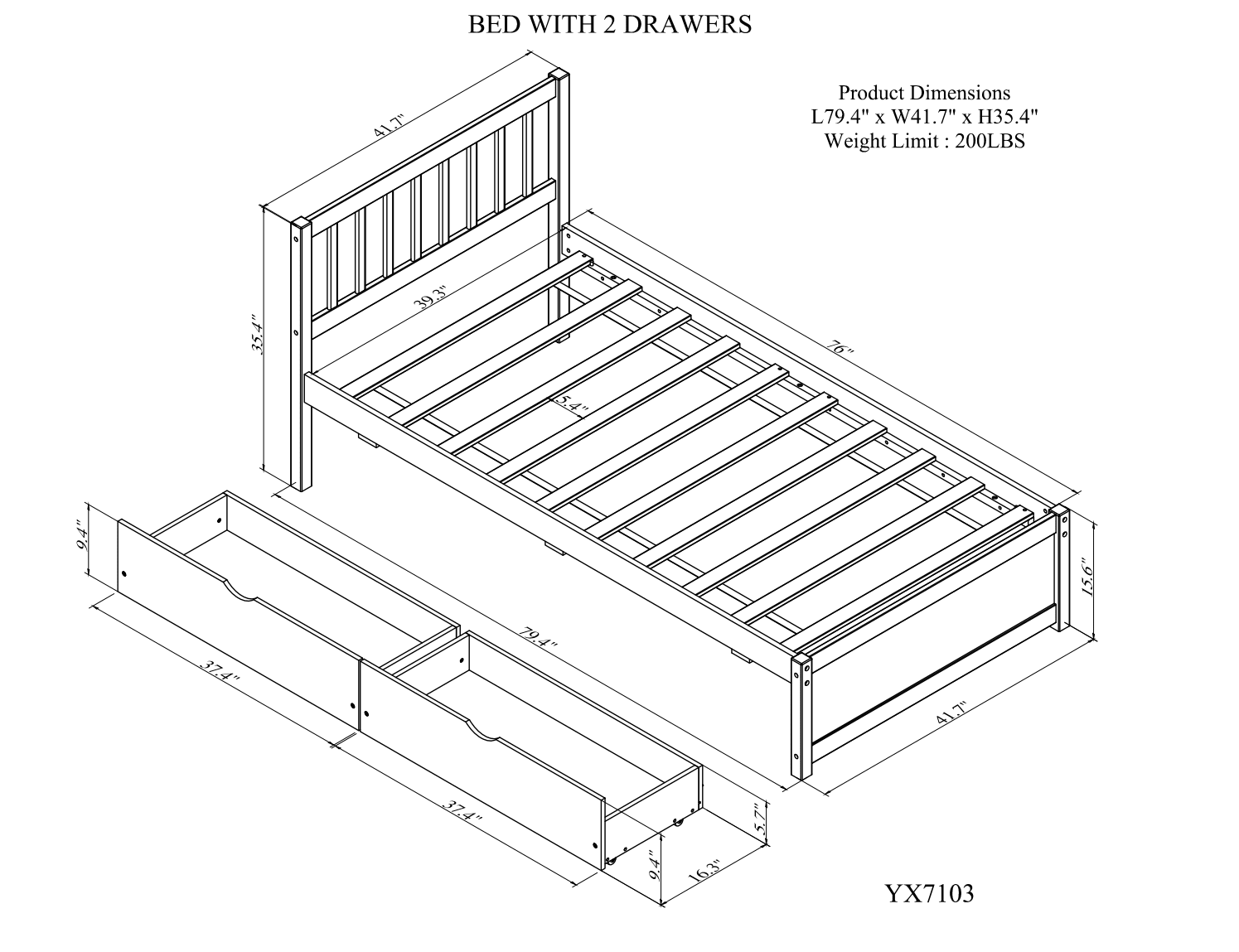 Aukfa Twin Storage Platform Bed with 2 Drawers, Wood Bed Frame for Kids - Gray