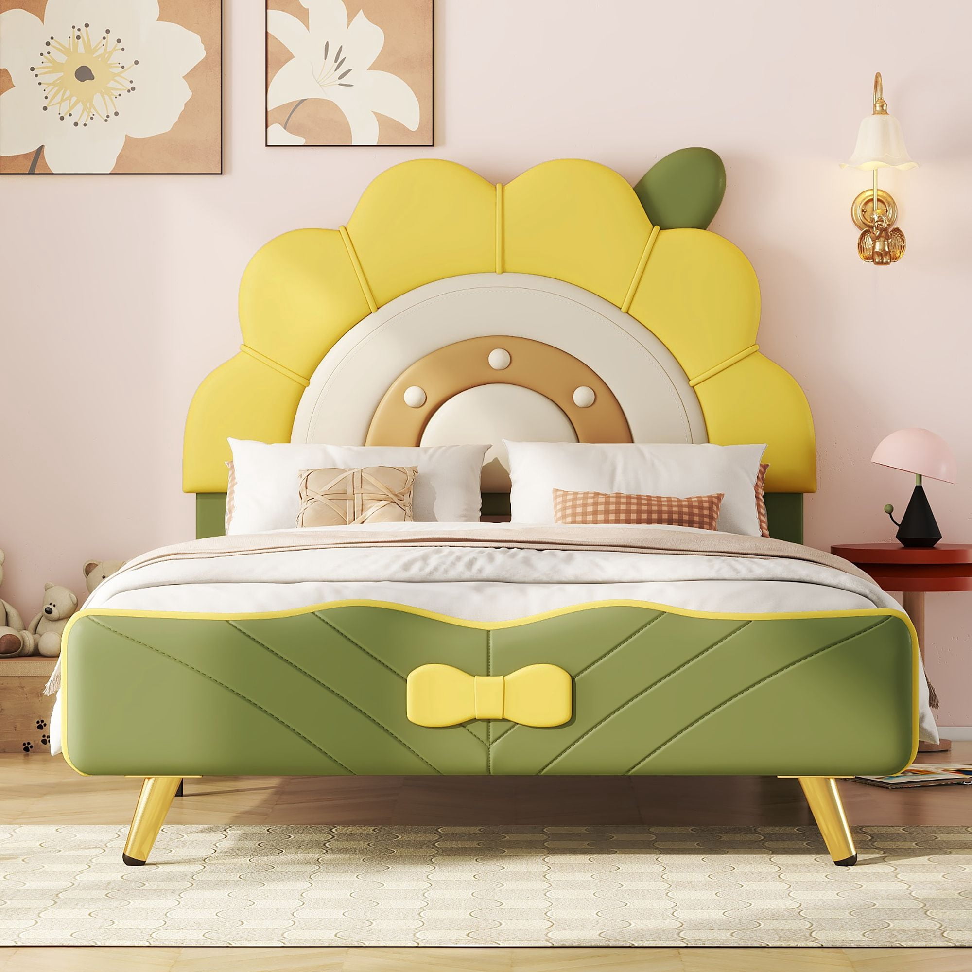 Aukfa Twin Upholstered Bed Frame, Cartoon Bed with Sunflower Shape Headboard for Kids, Green