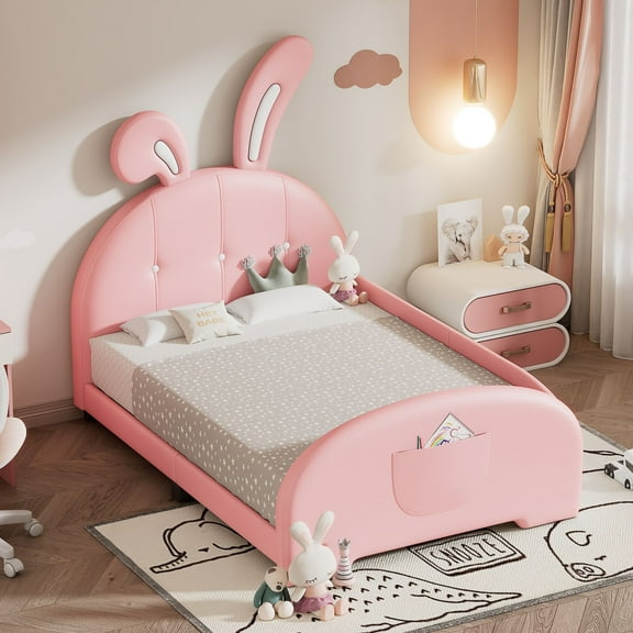 Aukfa Twin Upholstered Bed Frame, Cute Girls Bed with Rabbit Ears Headboard for Kids, Pink