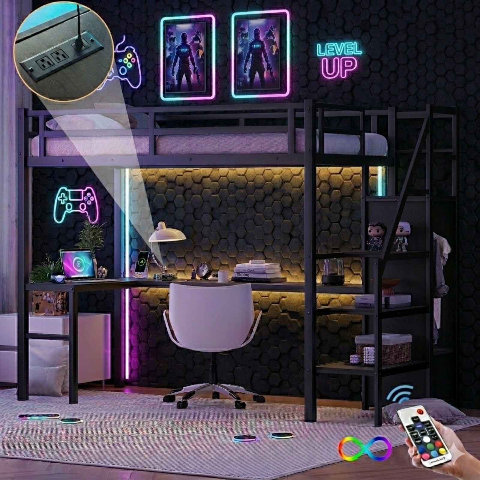 Aukfa Twin XL Loft Bed with L-Shaped Gaming Desk, Wardrobe, USB Ports & RGB Lights, Metal Loft Bed for Kids, Teens & Adults, Black