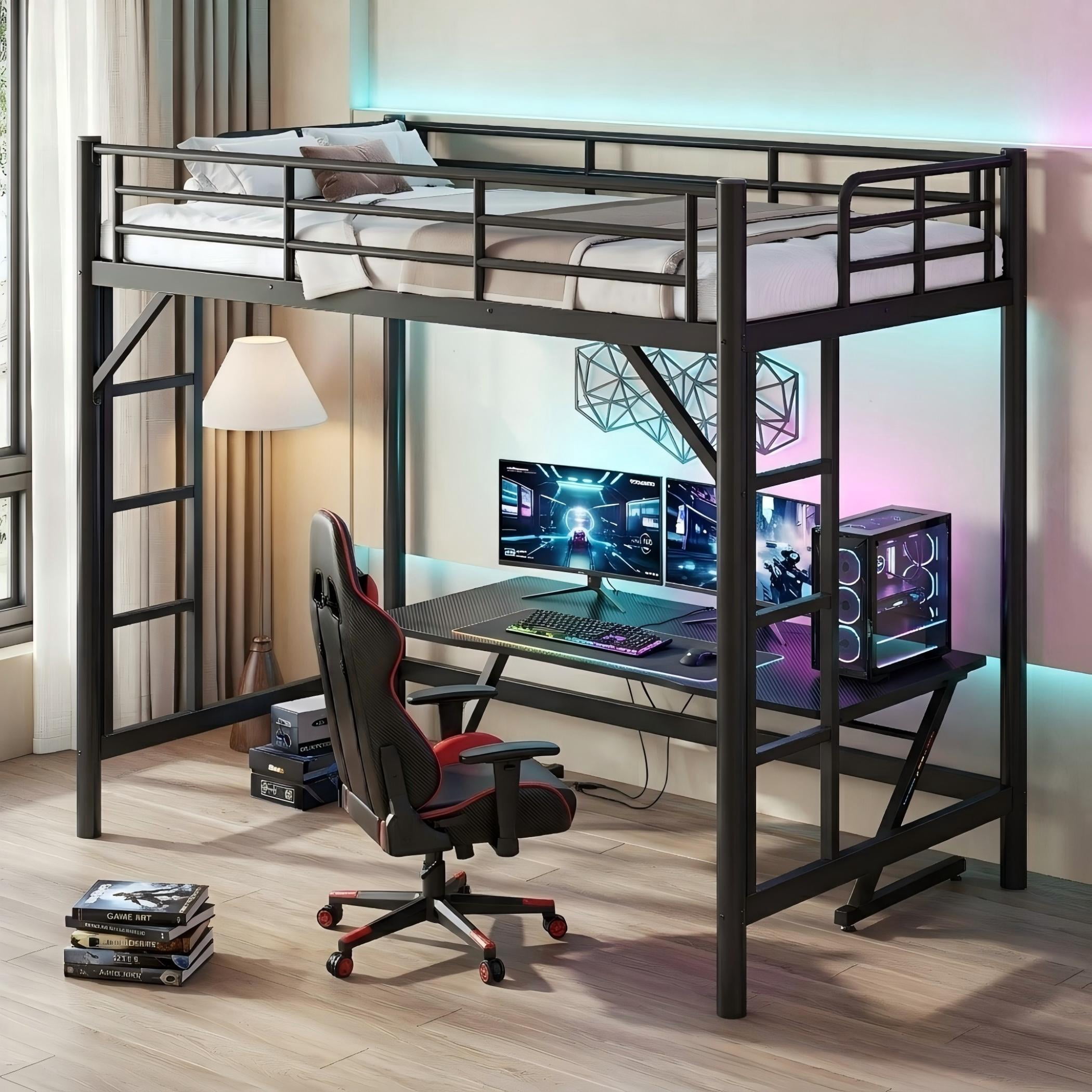 Aukfa Twin XL Metal Loft Bed with Dual Ladders, Space Saving Bed Frame for Kids, Teens & Dorm Bedroom, Black