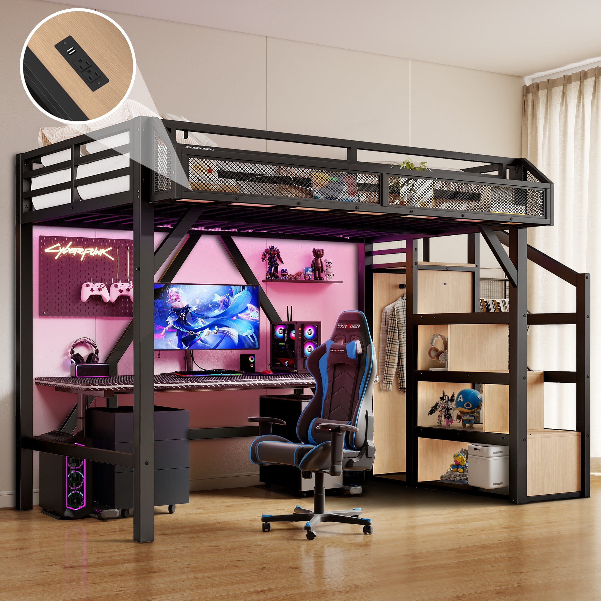 Aukfa Twin XL Metal Loft Bed with Storage Stairs, Shelves, Wardrobe, USB Ports & LED Lights, Heavy-Duty Bed Frame for Adults & Kids, Black