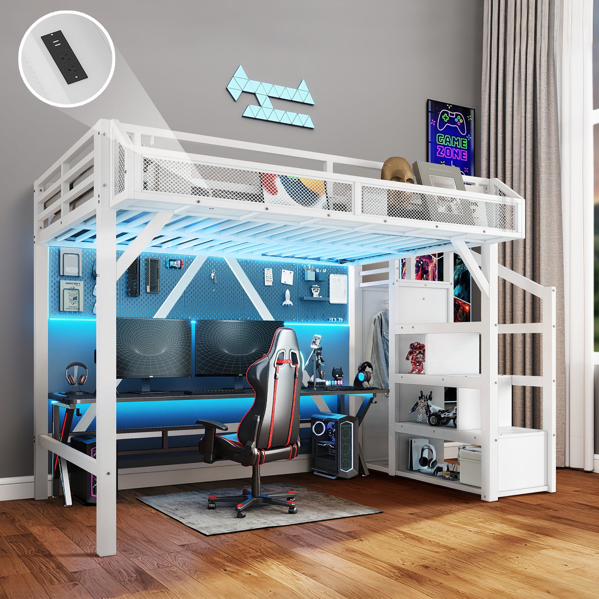 Aukfa Twin XL Metal Loft Bed with Storage Stairs, Shelves