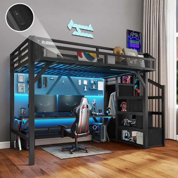 Aukfa Twin XL Metal Loft Bed with Wardrobe, Shelves, USB Ports & LED Lights, Stairs, Space-Saving Bed Frame for Adults & Kids, Black