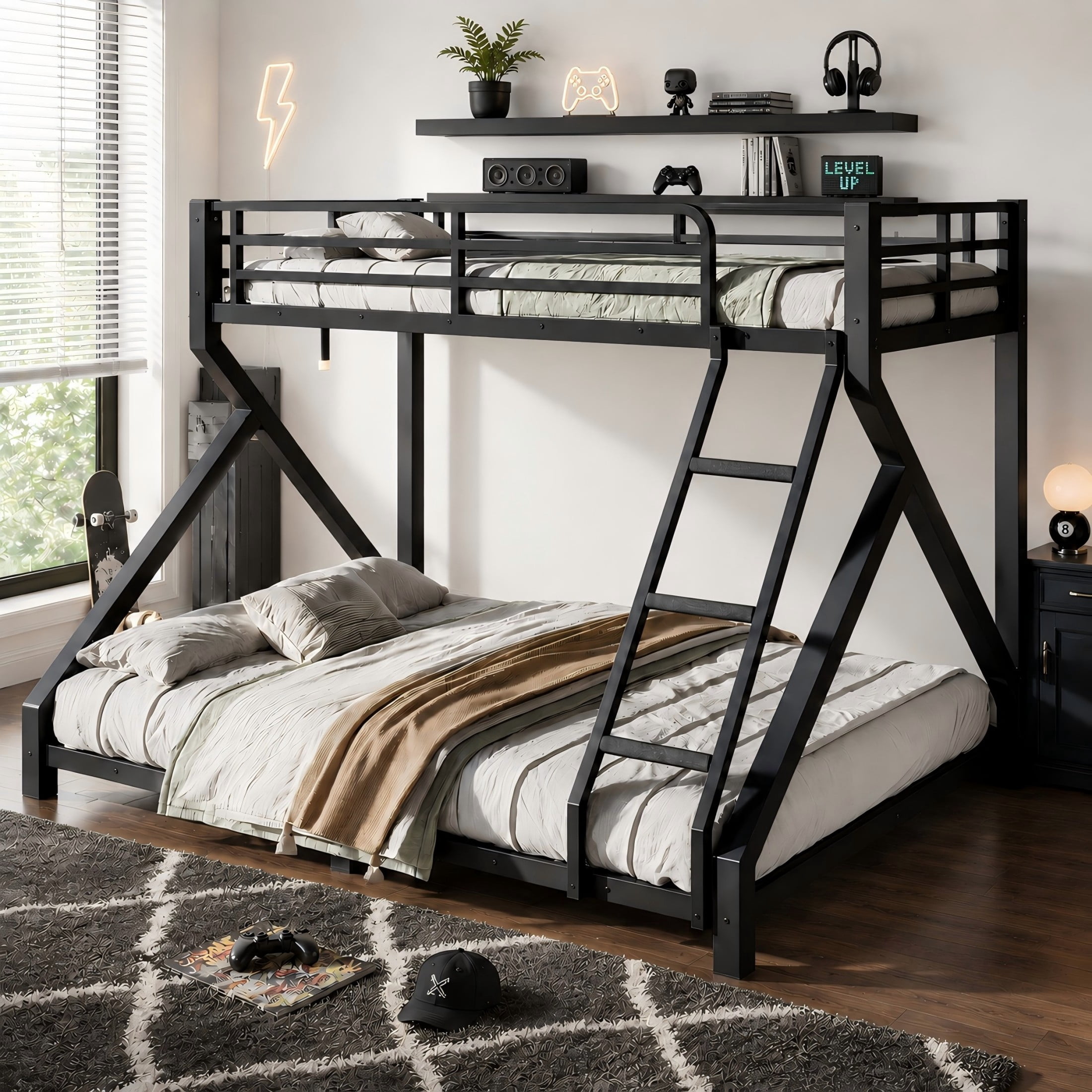 Aukfa Twin XL over Queen Metal Bunk Bed with Built-In Ladders, Low Profile Heavy Duty Bunk Bed with Reinforced Support Slats, No Box Spring Needed, Black