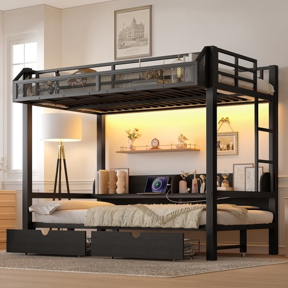 Aukfa Twin XL over Twin XL Metal Bunk Bed with Storage Drawers, Shelves, USB Ports & LED Lights, Convertible Bottom Sofa Bed, Heavy-Duty Bed Frame for Kids Teens Adults, Black