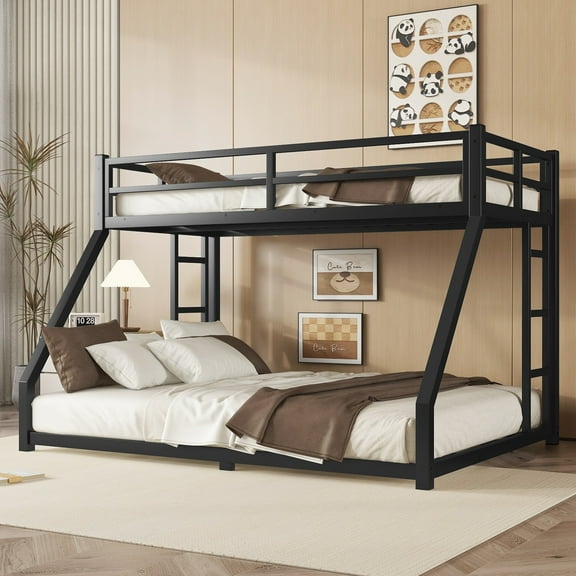 Aukfa Twin XL over Queen Metal Bunk Bed for Kids and Teens, Double Ladders, Heavy Duty, Black