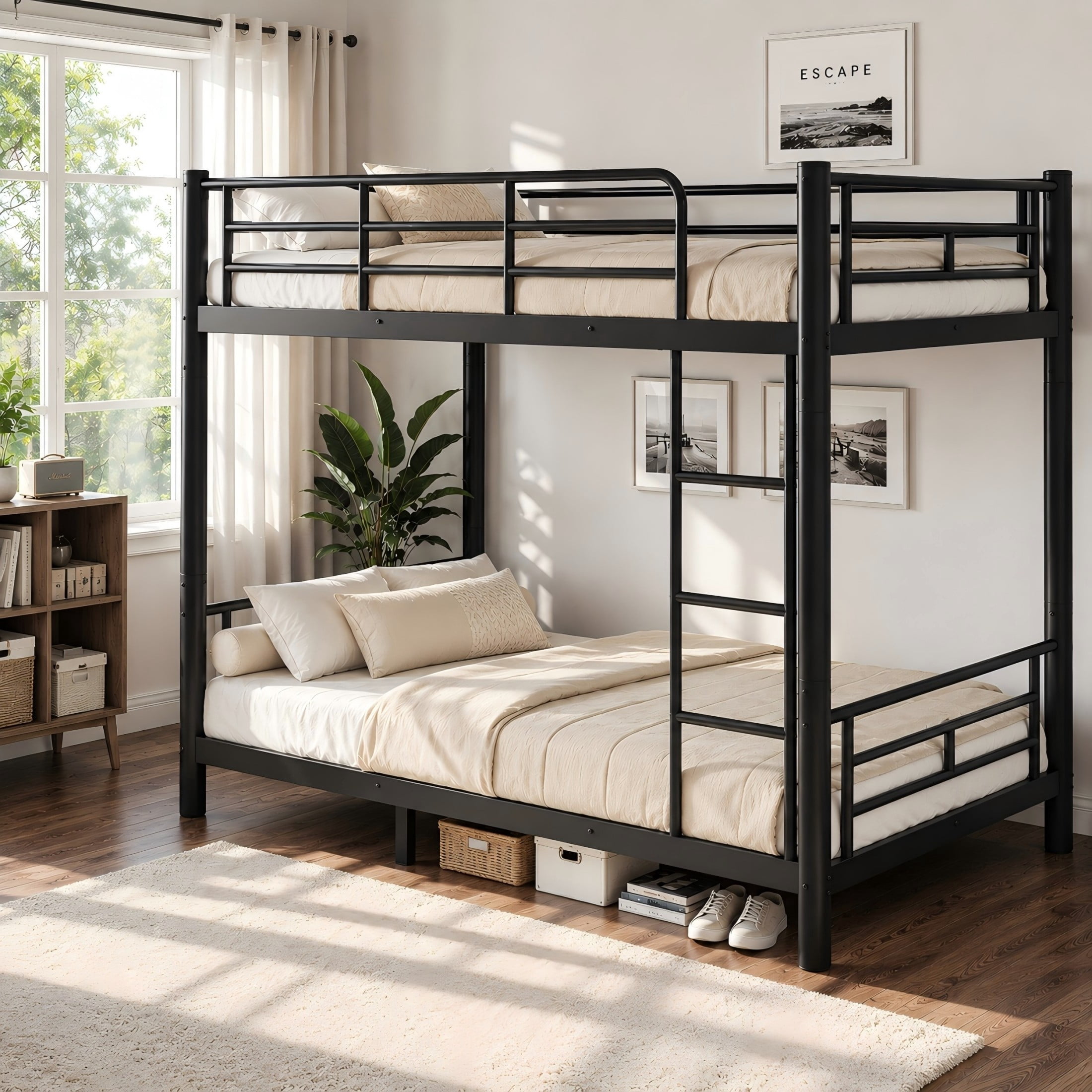 Aukfa Twin XL over Twin XL Metal Bunk Bed for Kids, Converts into Two Twin XL Beds, Round Tube Construction & Full-Length Guardrails, Black