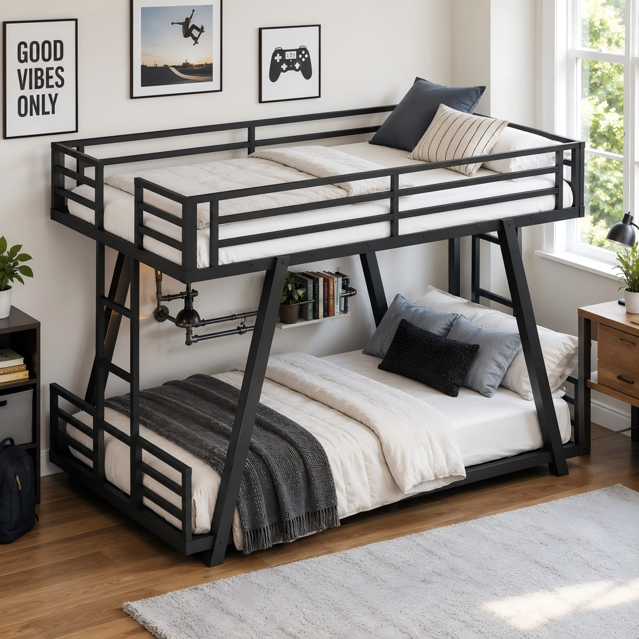 Aukfa Twin XL over Twin XL Metal Bunk Bed with Heavy Duty A-Frame Support Design, 2 Side Ladders, Low Profile, Black