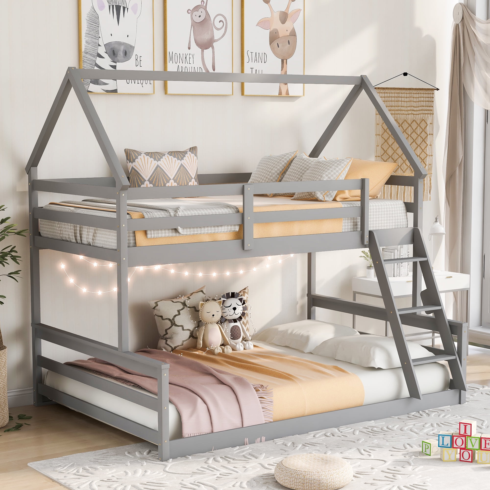 Aukfa Twin over Full Bunk Bed, Solid Wood House Bunk Bed for Kids - Gray