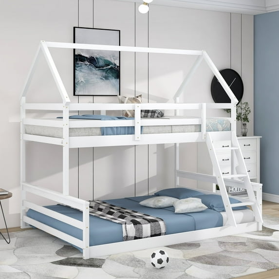 Aukfa Twin over Full Bunk Bed, Solid Wood House Bunk Bed for Kids - White