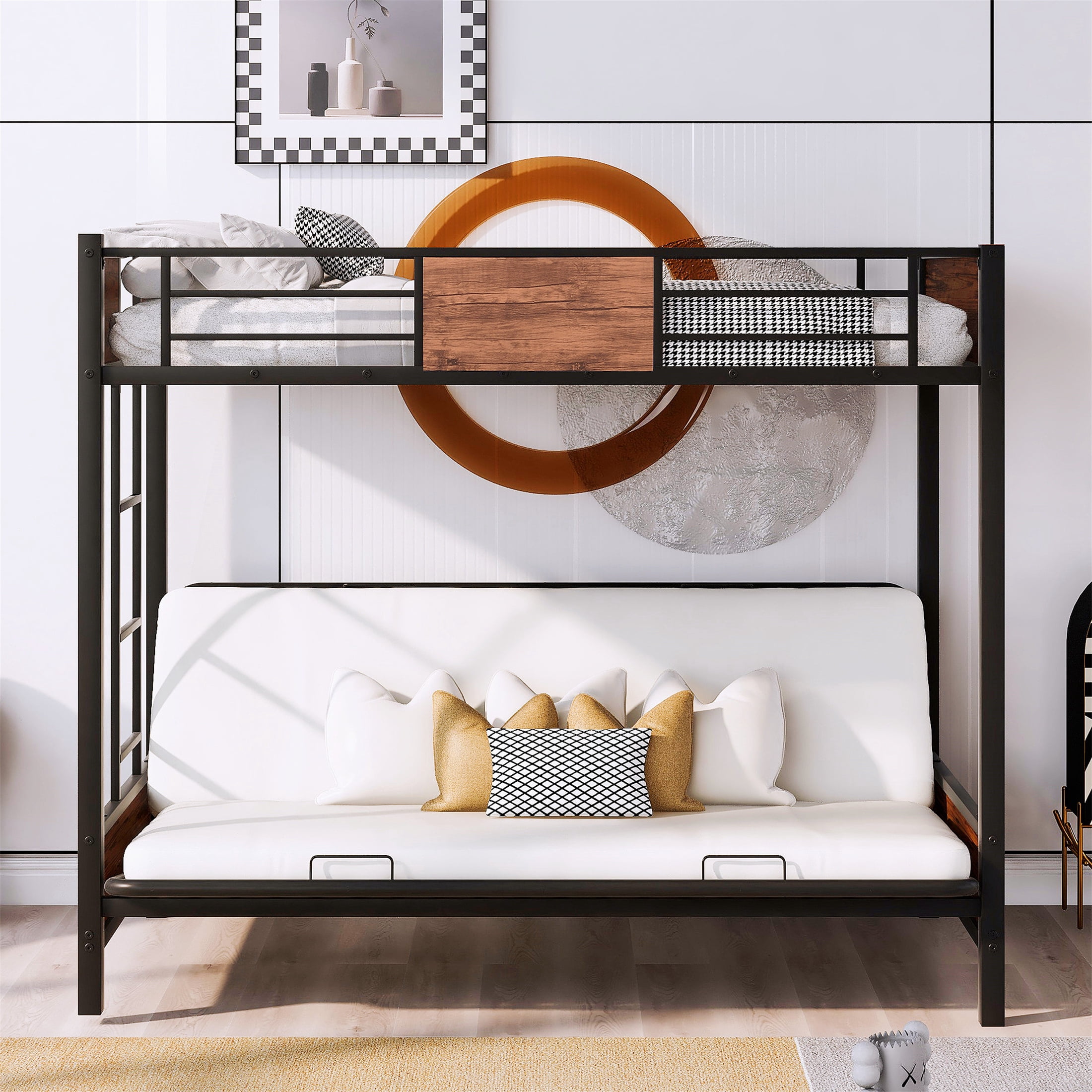 Aukfa Twin over Futon Bunk Bed, Metal Twin over Full Bunk Bed for Kids Teens, Space Save, Black