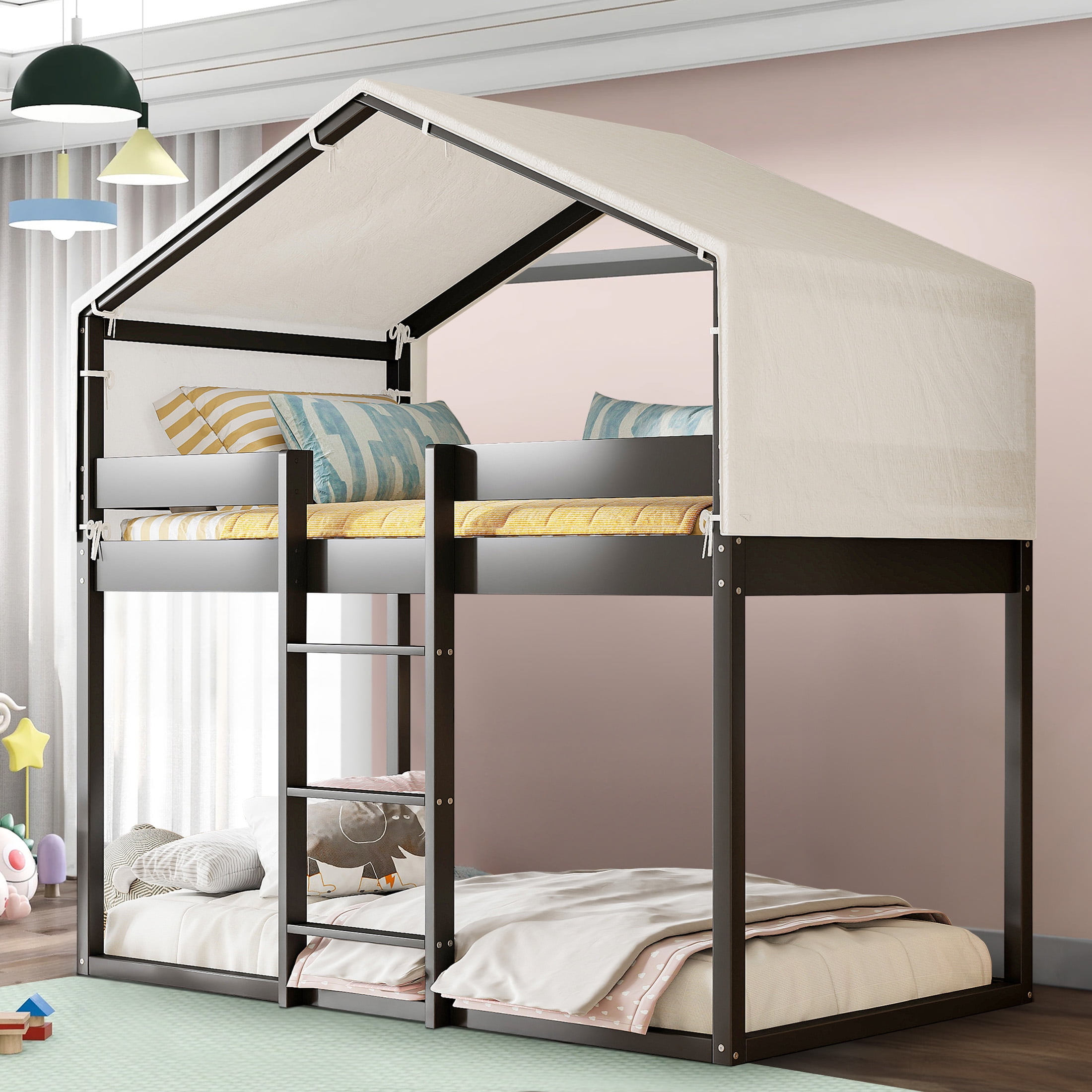 Aukfa Twin over Twin Bunk Bed, Wood Bed Frame with House Top Tent for Kids Boys Girls, Espresso