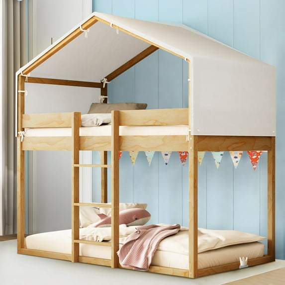 Aukfa Twin over Twin Bunk Bed, Wood Bed Frame with House Top Tent for Kids Boys Girls, Natural