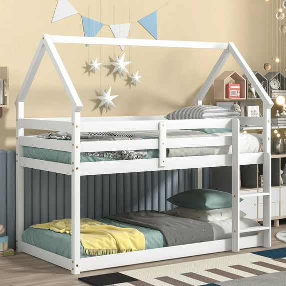 Aukfa Twin-over-Twin Bunk Bed - Wood Bunk Bed with House Roof for Kids - White
