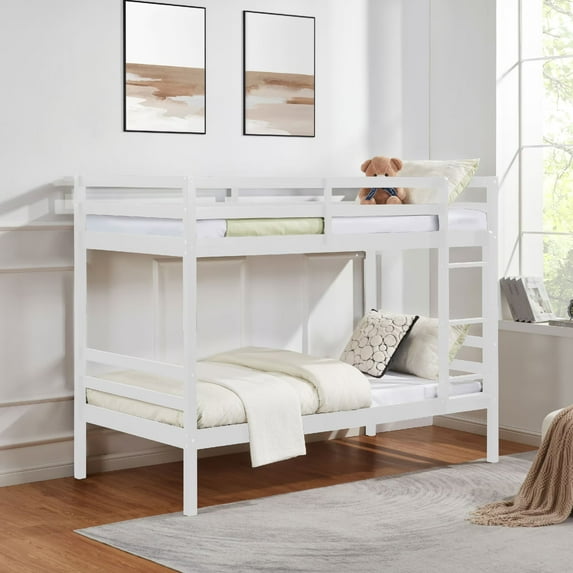 Aukfa Twin over Twin Bunk Bed, Wooden Bunk Bed with High Guardrail for Kids/Teens and Dorm Room/Guest Room, White