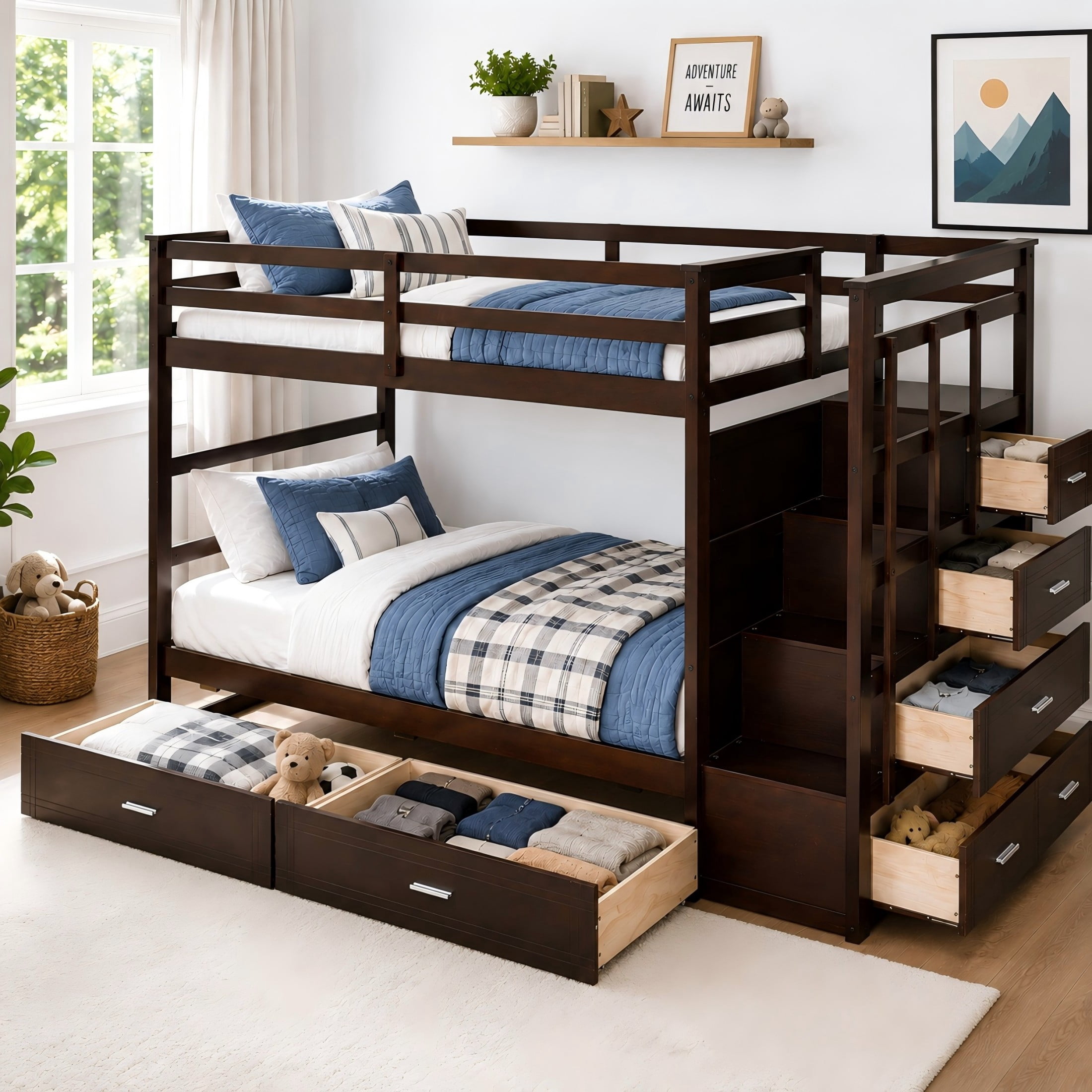 Aukfa Twin over Twin Bunk Bed with 7 Storage Drawers, Wood Bunk Bed with Staircase, Space Saving Design for Kids Bedroom, Espresso