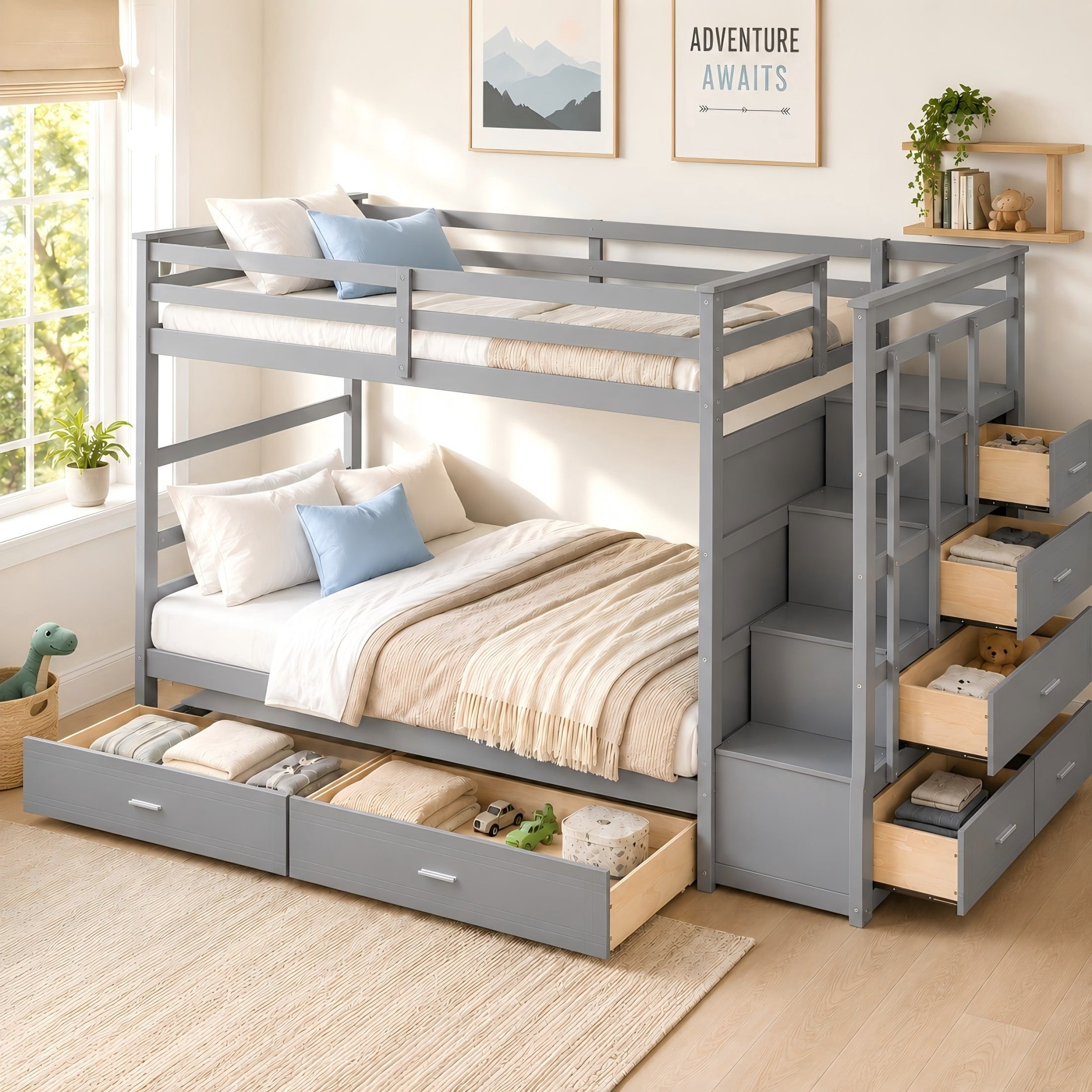 Aukfa Twin over Twin Bunk Bed with 7 Storage Drawers, Wood Bunk Bed with Staircase, Space Saving Design for Kids Bedroom, Gray
