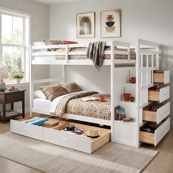 Aukfa Twin over Twin Bunk Bed with 7 Storage Drawers, Wood Bunk Bed with Staircase, Space Saving Design for Kids Bedroom, White