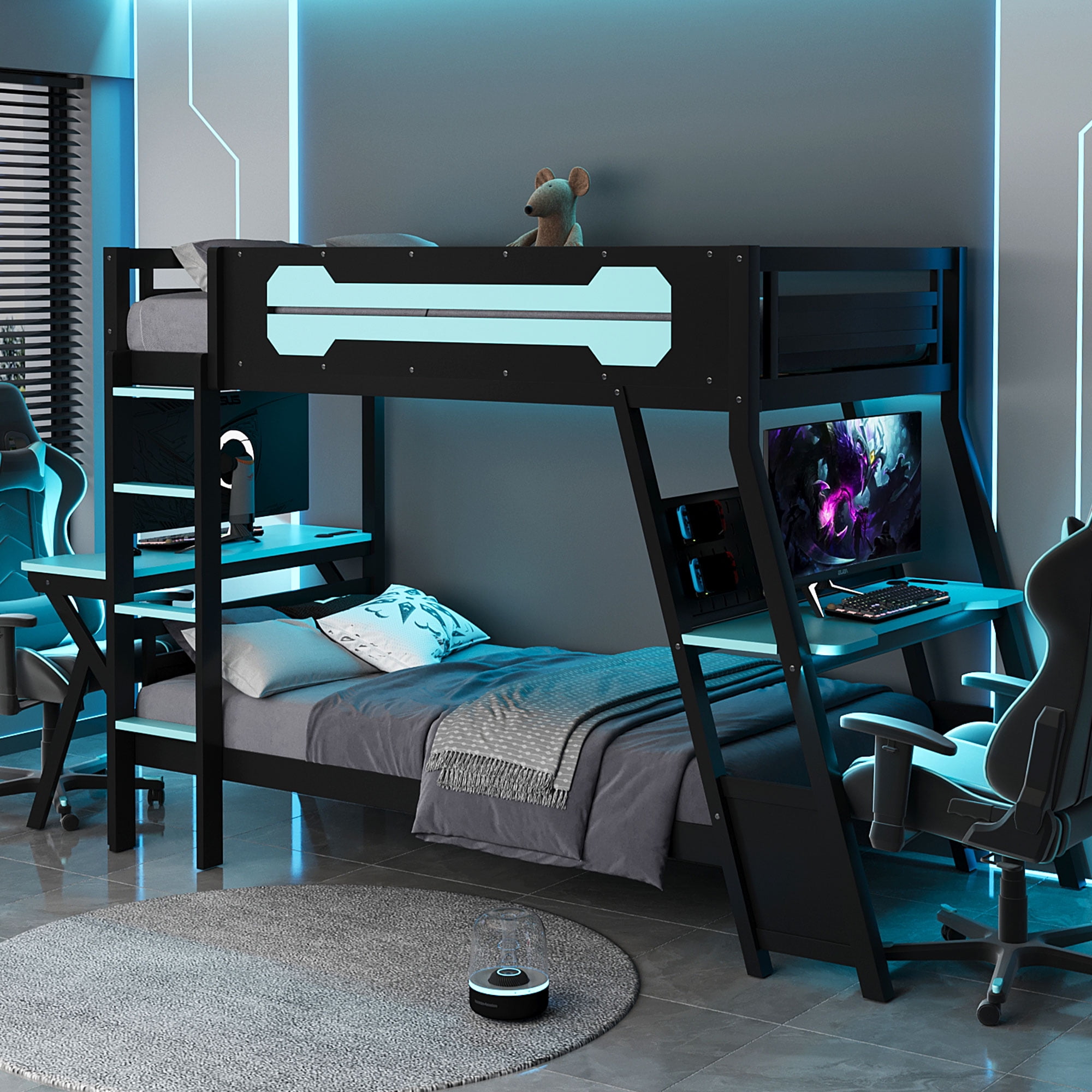 Aukfa Twin over Twin Bunk Bed with Built-In Desks, USB Charging Ports & Pegboard Organizer, Wood E-Sports Gaming Bed Frame for Kids/Teens, Blue