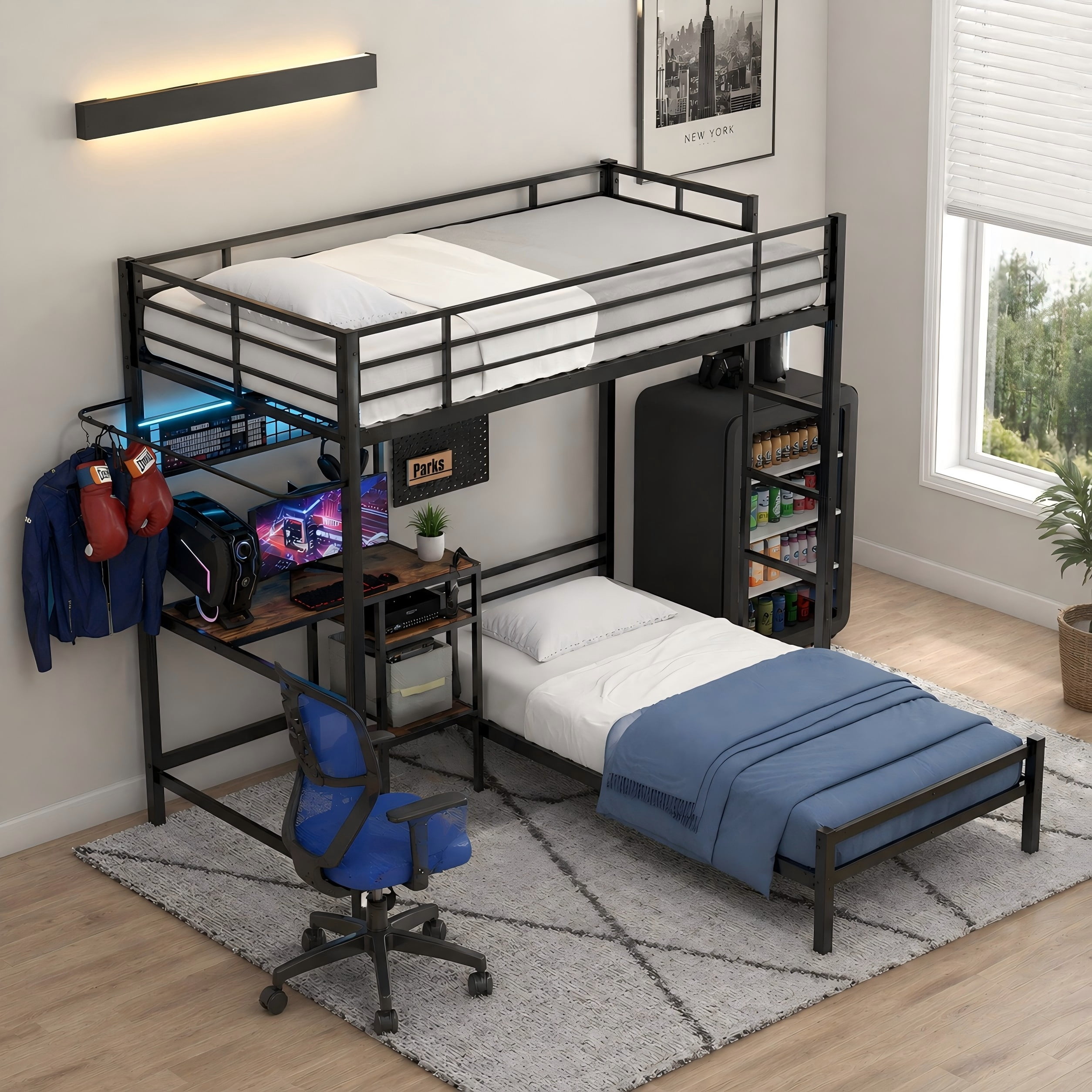 Aukfa Twin over Twin Bunk Bed with Desk, LED Light & Storage Shelves, L-Shaped Metal Bunk Bed for Teens & Kids, Black