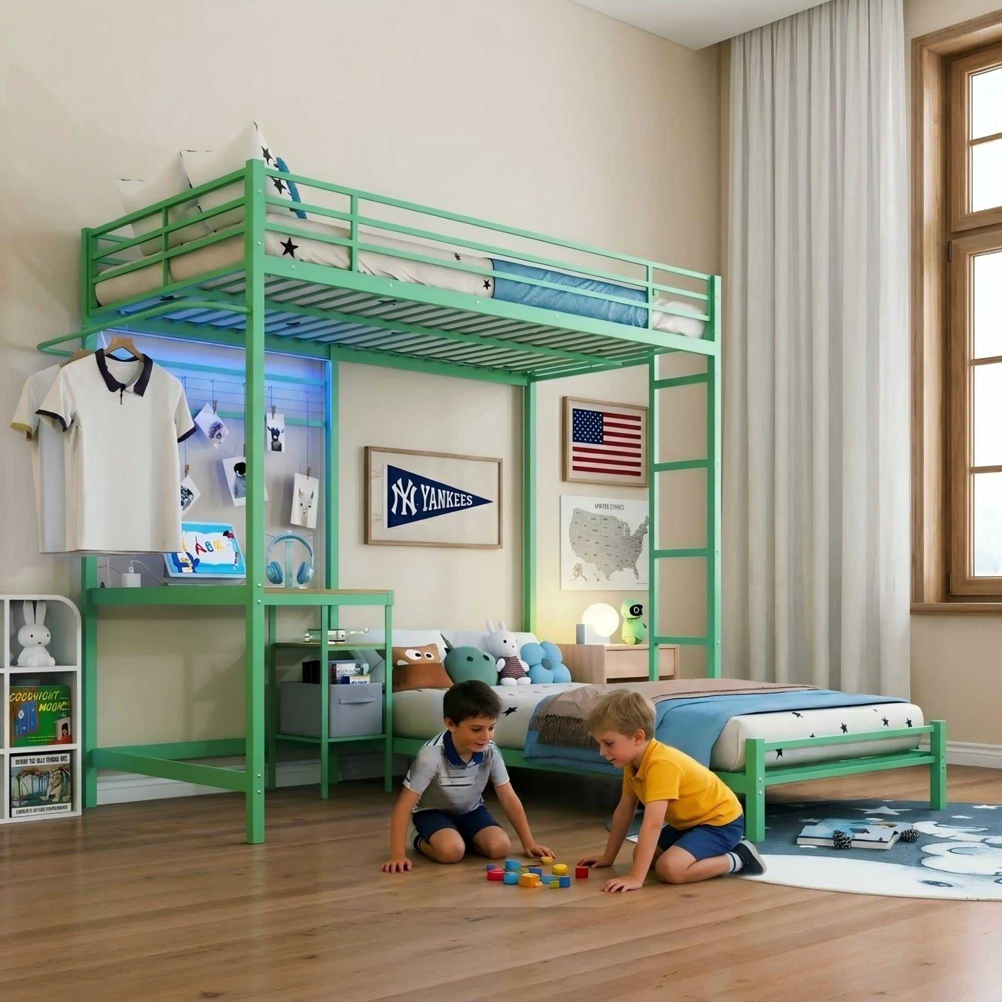 Aukfa Twin over Twin Bunk Bed with Desk, LED Light & Storage Shelves, L-Shaped Metal Bunk Bed for Teens & Kids, Green