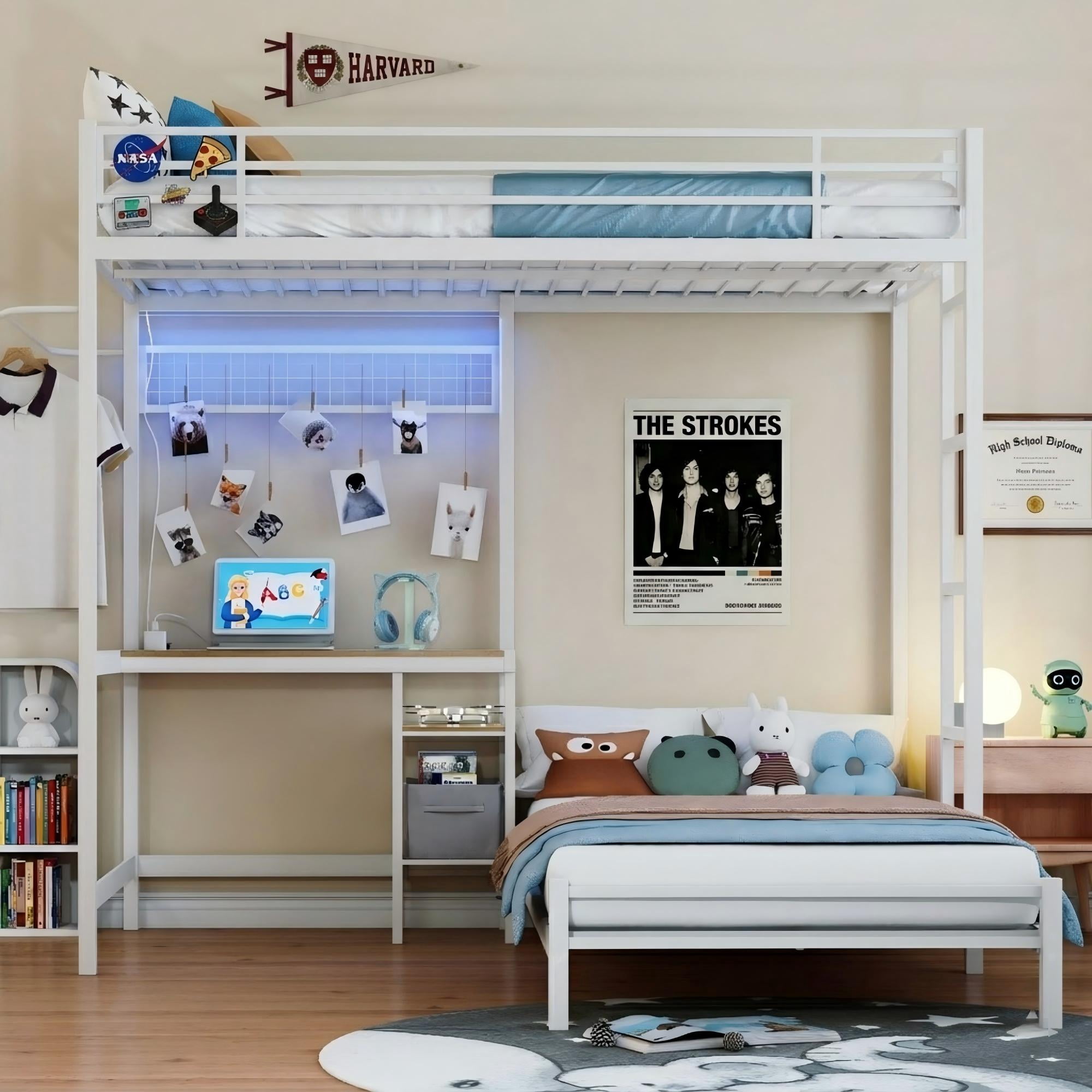 Aukfa Twin over Twin Bunk Bed with Desk, LED Light & Storage Shelves, L-Shaped Metal Bunk Bed for Teens & Kids, White