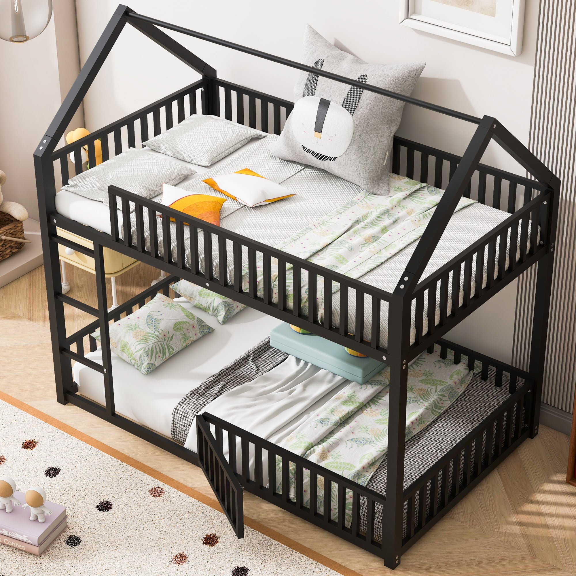 Aukfa Twin-over-Twin Bunk Bed with Fence and Door, Metal House Bed Frame for Kids Toddy, Black