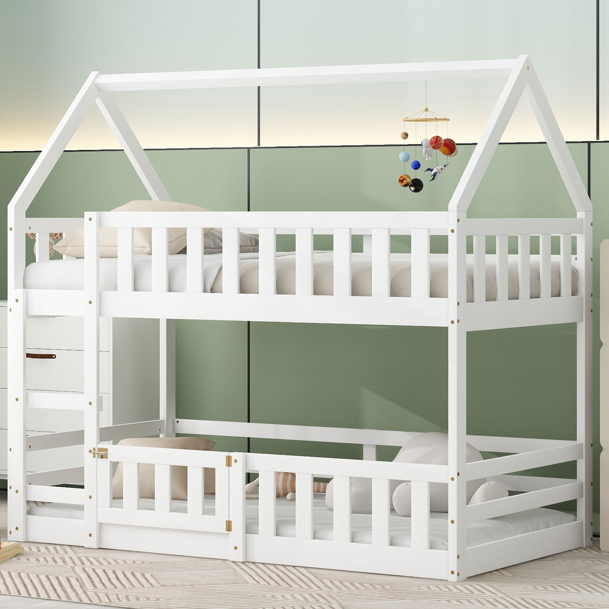 Aukfa Twin-over-Twin Bunk Bed with Fence and Door, Solid Wood House Bunk Bed for Kids Toddy - White