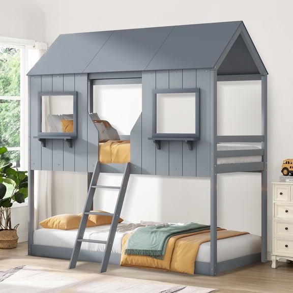 Aukfa Twin over Twin Bunk Bed with Roof and Window, Wood Playhouse for Kids - Gray