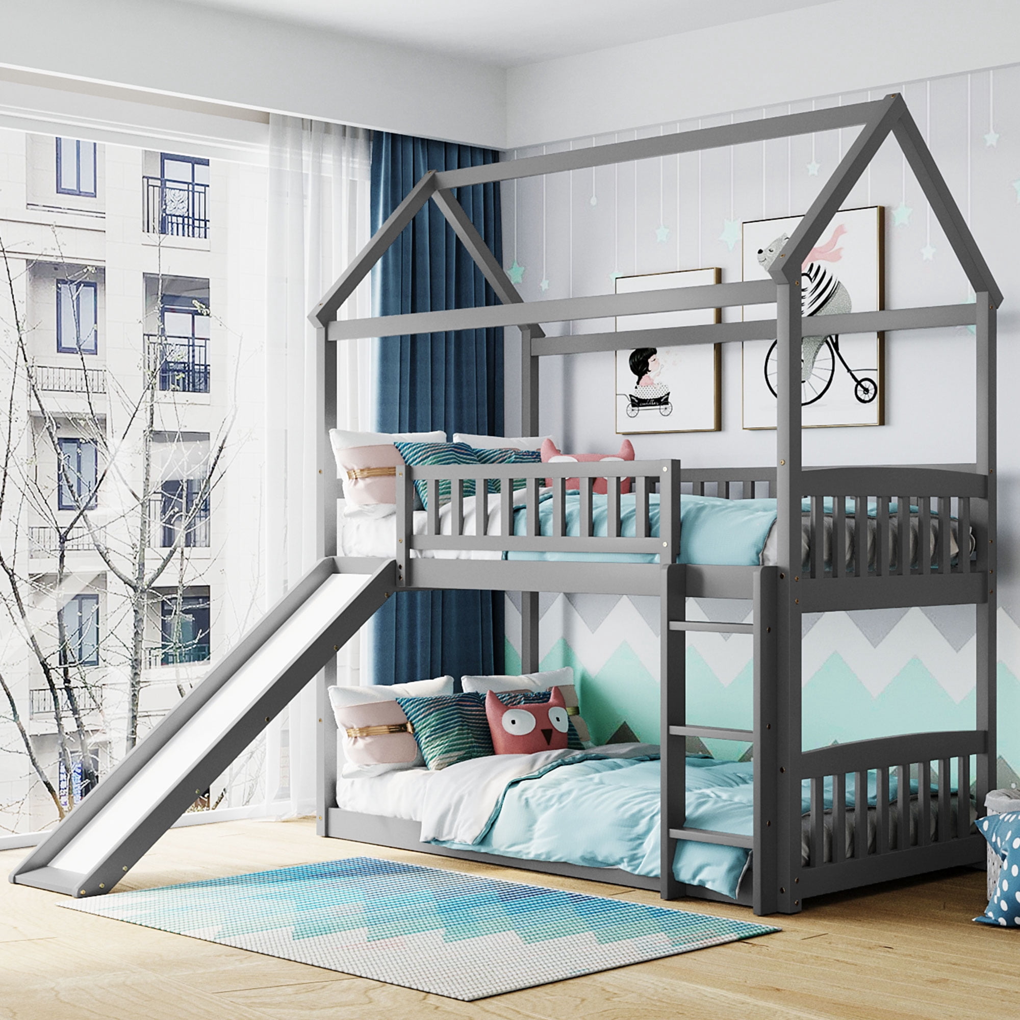Aukfa Twin over Twin Bunk Bed with Slide, Floor Bunk Bed for Kids, Boys and Girls, House Top, Wooden - Gray